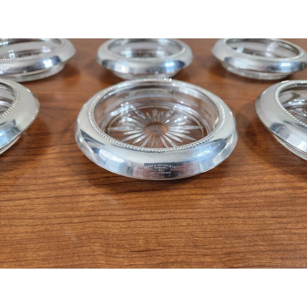 Vintage Set 6 Frank M. Whiting & Co Sterling Silver Glass Coasters #05 Starburst